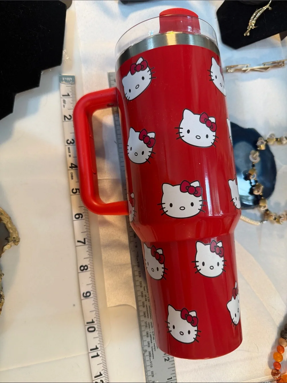 Kitty Red Travel Mug with Handle & straw 11” tall